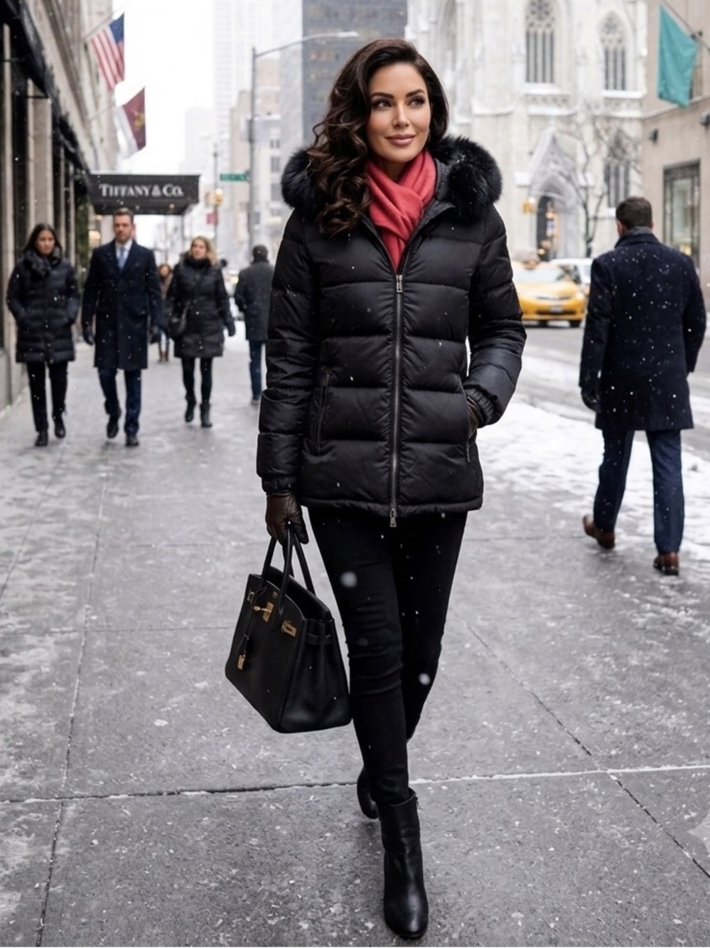 Prada 28A060 women's down puffer‎ jacket in black, featuring a fur hood. New.